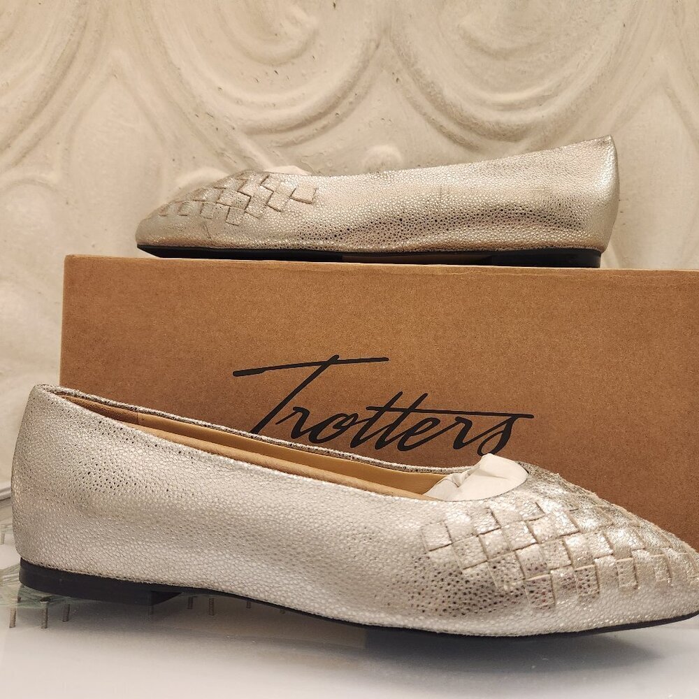 Trotter Leather Silver "Estee Woven" Flats. NIB. Size 6 WW